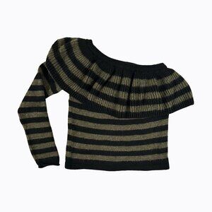 Asymmetric Ruffle One-Shoulder Sweater Sz S Black Olive Striped Y2K 90s Coquette